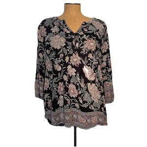 Lucky Brand Floral Paisley Black & Pink Women's top Boho size 1X 100% viscose